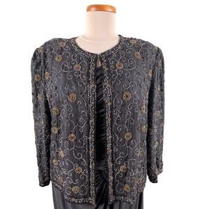 Scala Silk Top Women Large Black Beaded Embellished Floral Evening Vintage